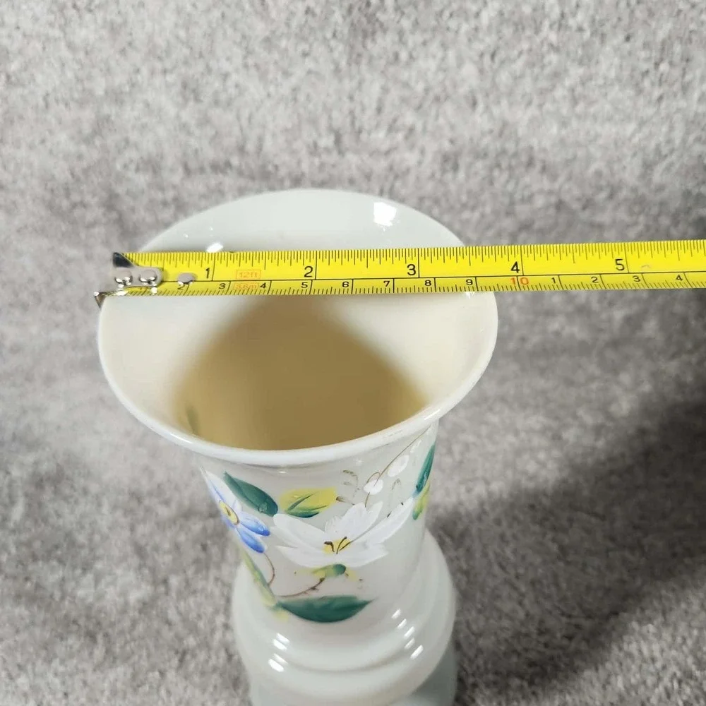Vase White Floral Hand Painted Glass - Mid Century‎ Modern